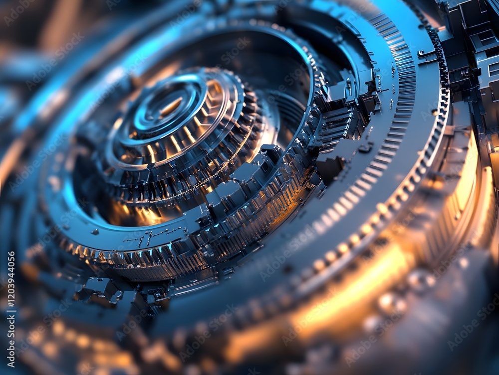 Poster a close-up view of intricate metallic gears in a futuristic design, showcasing engineering detail an