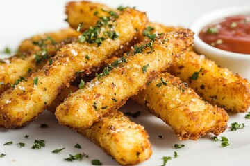 Crispy golden potato fries served elegantly on minimalist white surface, perfect for food blogs and culinary publications