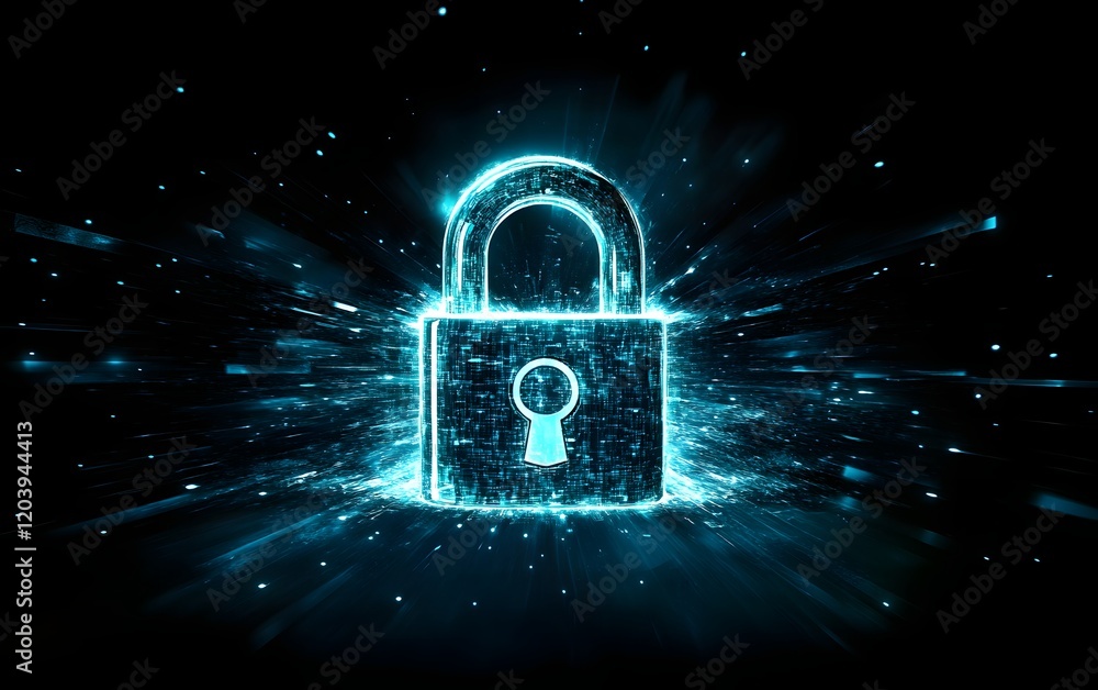 Poster a dynamic digital representation of a lock symbolizing security and data protection. the image featu