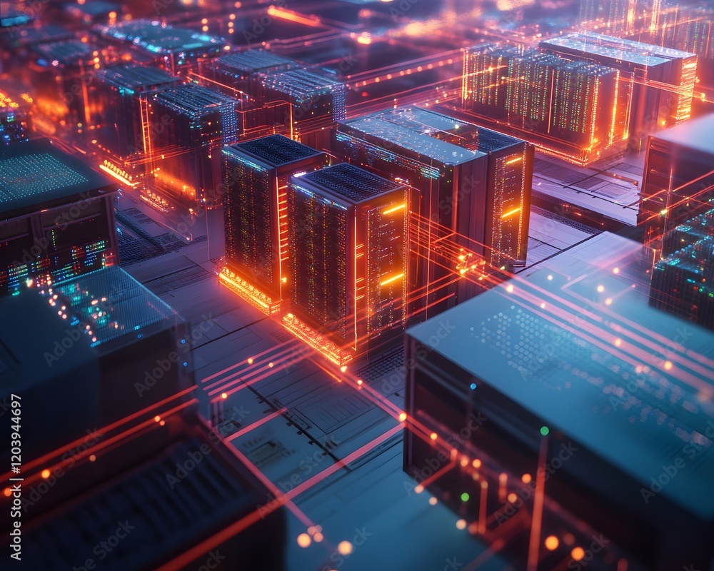 Poster a futuristic digital landscape depicting interconnected servers and networks, illuminated with vibra