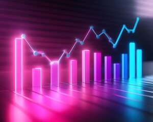 A futuristic digital chart shows rising graphs with neon colors, representing financial growth and market trends. Ideal for showcasing data analysis and business innovation.