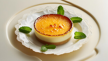 A rich crème brûlée with a caramelized sugar top, served on a lace-edged plate, garnished with fresh mint leaves, against a soft, creamy background.