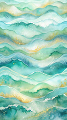 Fototapeta premium Soft, flowing watercolor waves in pastel blues and greens, with hints of shimmering gold outlining the crests. Subtle splashes of white mimic sea foam.