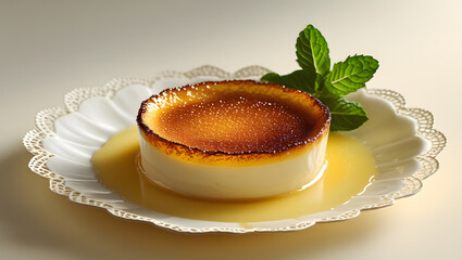 A rich cr&egrave;me br&ucirc;l&eacute;e with a caramelized sugar top, served on a lace-edged plate, garnished with fresh mint leaves, against a soft, creamy background.