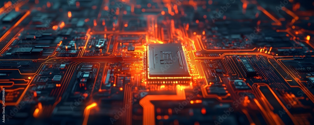 Poster a high-tech computer processor emits a warm glow, surrounded by intricate circuits and connections. 
