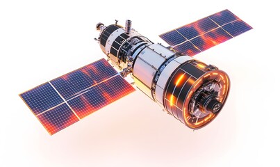 Advanced satellite in space with glowing solar panels.