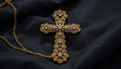 Stunning Ornate Gold Cross Pendant with Embedded Gemstones on Delicate Chain, Perfect for Luxury Jewelry Photography and Religious Art