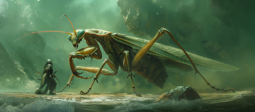 Gigantyczna modliszka walczy z miniaturowym rycerzem, ilustracja fantastyczna
