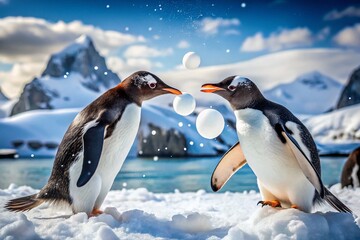 Obraz premium Playful Penguins: Adorable Snowball Fight in Antarctic Winter