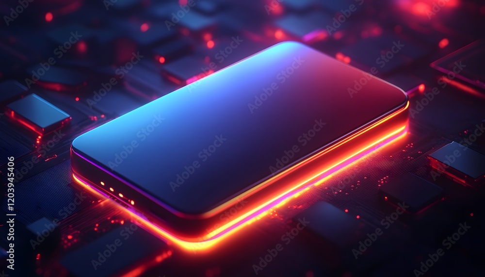 Poster a modern smartphone showcased amid a vibrant, glowing background of circuit-like patterns, emphasizi