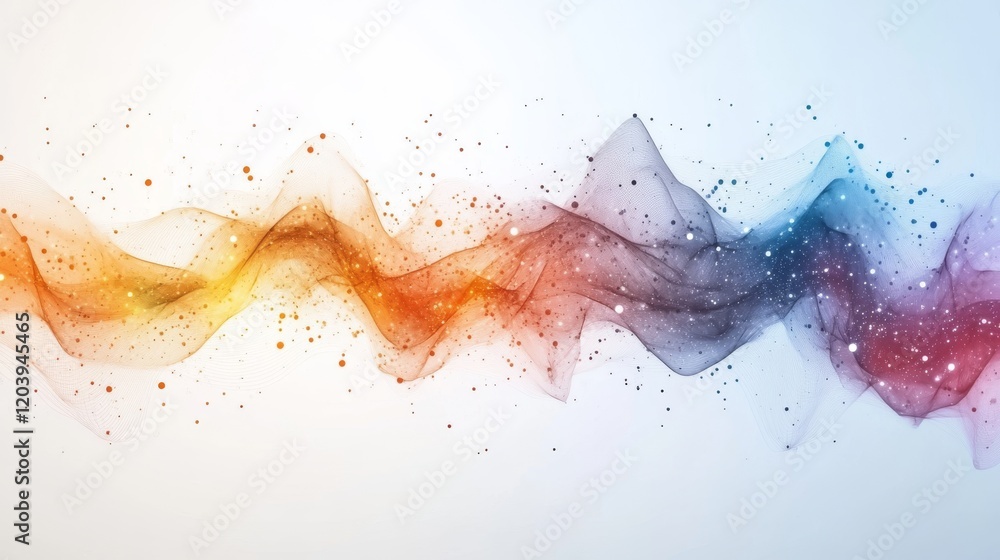 Poster abstract flowing wave of light with particle dots and bright colors on a simple white background