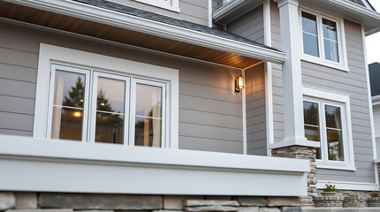 Modern House Exterior: Grey Siding, White Trim, and Stone Accents. A picture of a beautiful home's exterior, showcasing modern design elements such as grey siding, white trim, and stone accents.