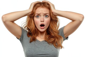 Fototapeta premium Surprised young woman holds her head in disbelief while expressing strong emotions in a bright setting