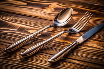 Polished Silverware Set: Knife, Fork, Spoon on Rustic Wooden Table