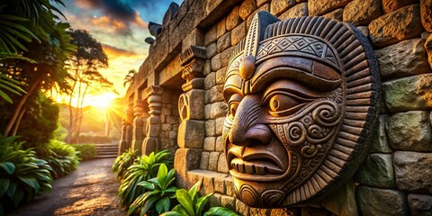 Polynesian Warrior Mask Architectural Detail - Intricate Carving & Tribal Art