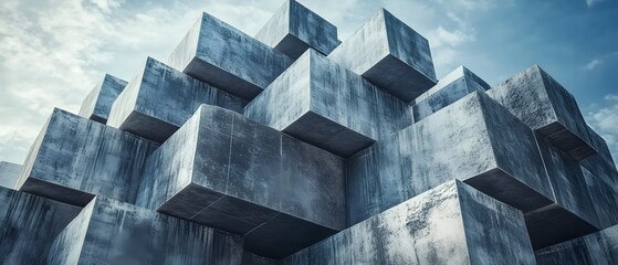A striking perspective of concrete cubes stacked against a dramatic sky, showcasing modern architectural design and urban aesthetics in a minimalist composition.
