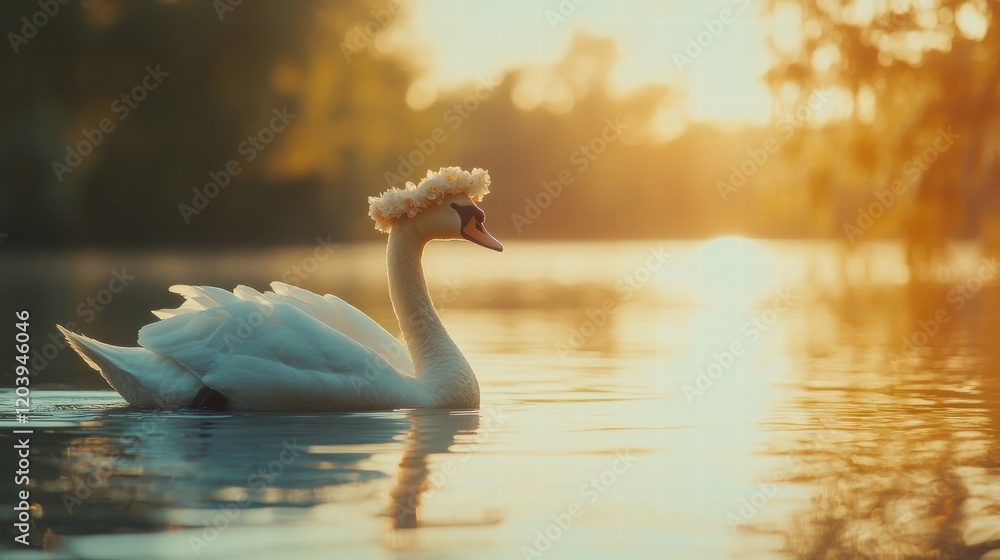 Poster elegant swan gliding across tranquil lake during sunset with soft golden light reflecting on water s