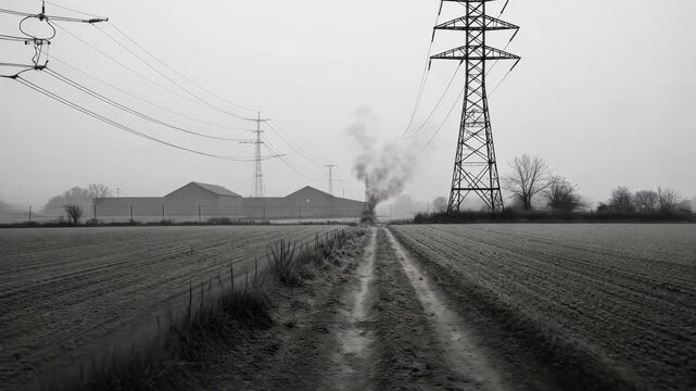 Farm road leads to distant buildings under gray sky, electricity pylons tower above in a stark landscape