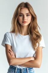 Fototapeta premium Women in blank t-shirts posing confidently against a neutral background in a studio