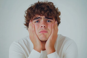 Young man experiencing discomfort from toothache while sitting indoors during the day
