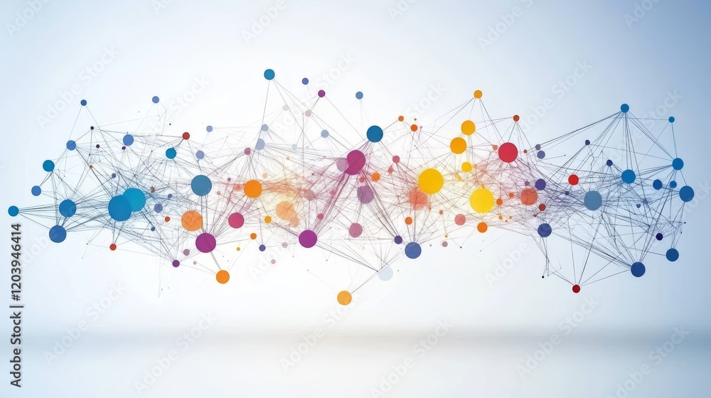Poster abstract network of connected colored spheres, illustrating a complex data structure or social netwo