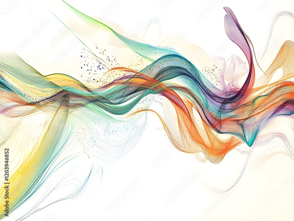 Poster a vibrant and colorful wave of abstract patterns flowing across a white background, creating a sense