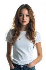 Fototapeta premium Women wearing plain t-shirts posing for a casual portrait in a bright studio setting
