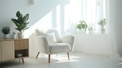 Elegant and minimalist living area with soft sunlight.