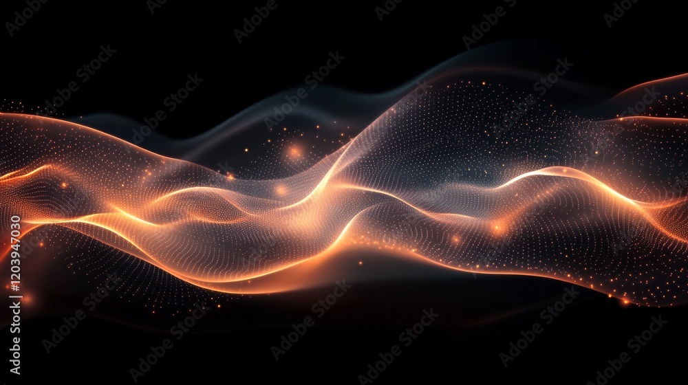 Poster abstract digital waves with glowing particles on a dark background creating a dynamic and ethereal m