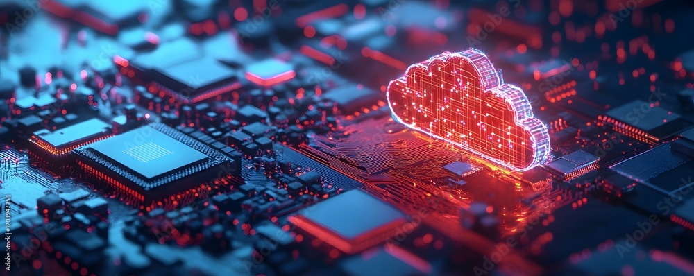 Poster a vibrant digital cloud symbol glows against a backdrop of intricate computer circuitry, representin