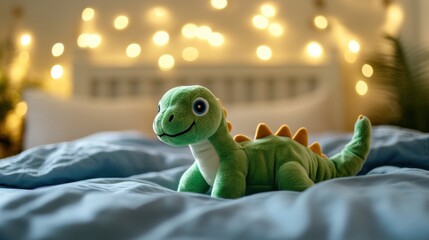 A soft, cuddly green dinosaur stuffed toy with bright eyes and cute details, placed on a cozy bed