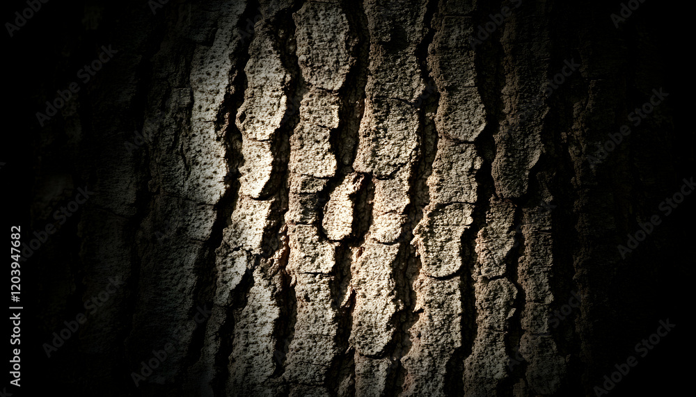 Poster dramatic close-up of textured tree bark, showcasing deep shadows and intricate patterns. ideal for b