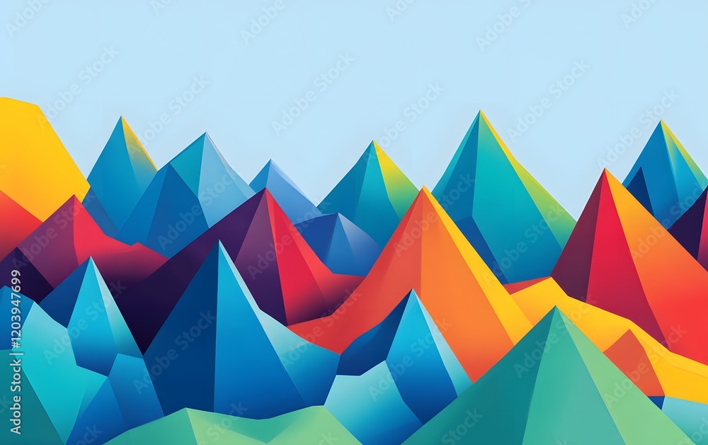Poster a vibrant illustration of multicolored geometric mountains under a clear sky, creating a dynamic and