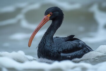 a striking black ibis stands prominently in the surf its slick shiny feathers contrasting against the foamy ocean waves capturing a moment of natures beauty and the wild spirit of avian life