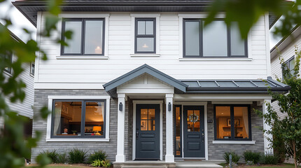 Fototapeta premium Modern House Exterior: Contemporary Home Design and Architecture.Luxury Real Estate, Brick Facade, Grey and White color scheme. New Residential Building