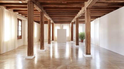 A spacious modern basement featuring polished floors, wooden beams, and columns that blend industrial and rustic aesthetics.
