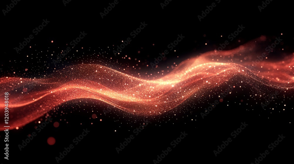 Poster abstract glowing red wave of particles against black background creating a flowing and elegant desig