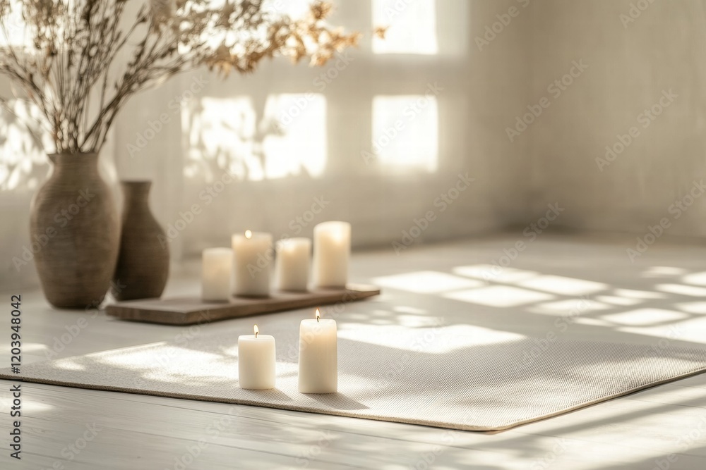 Aufkleber warm and calming indoor setting with candles on a soft rug, showcasing natural light and minimalisti