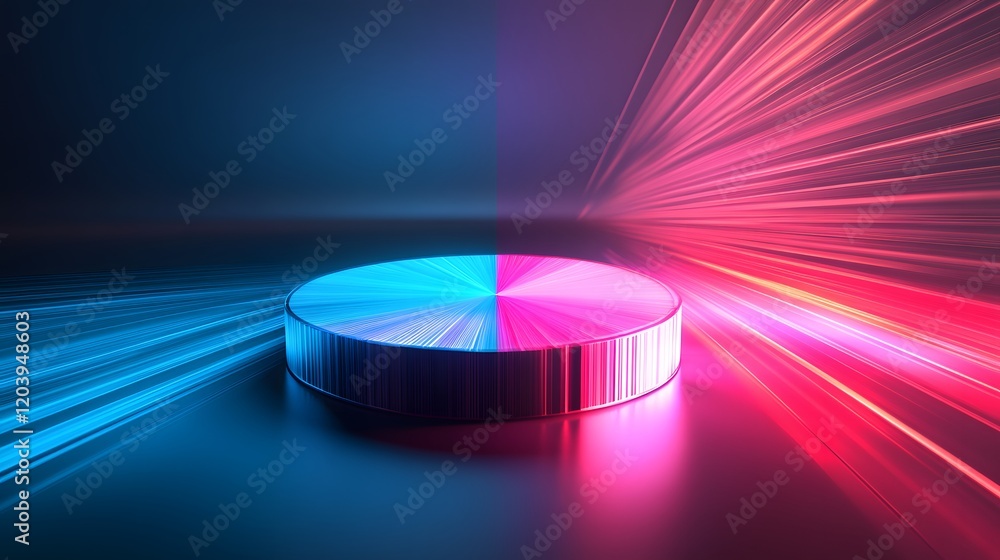 Poster an abstract composition featuring a circular platform illuminated by vibrant pink and blue light bea