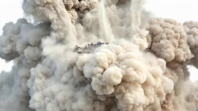 High rise Building Demolition Concrete Dust Cloud Urban Renewal Destruction Scene
