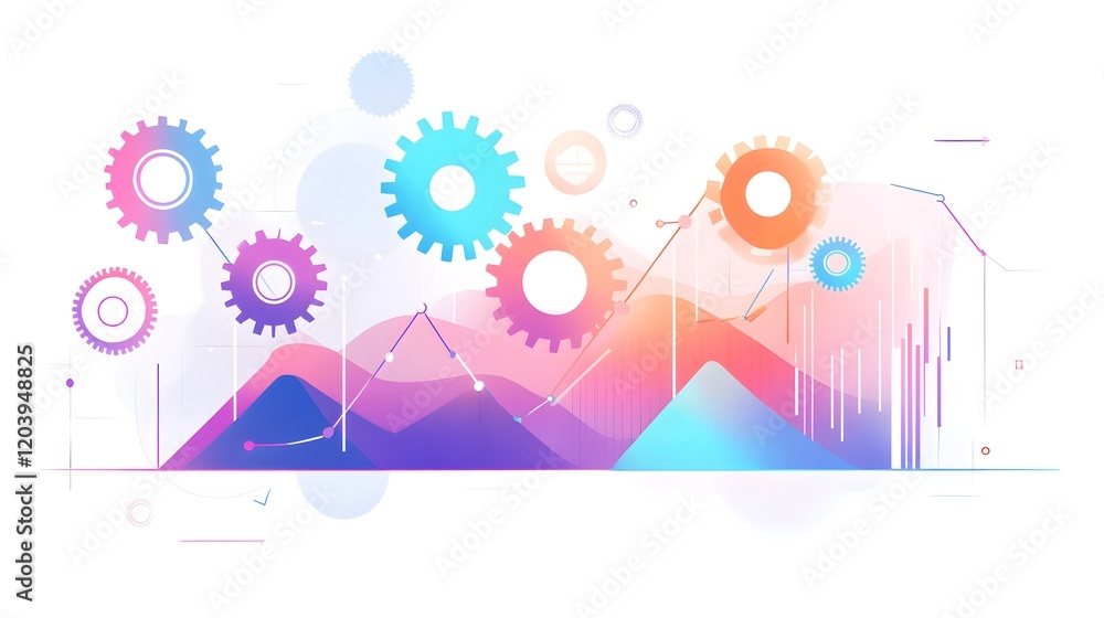 Poster an artistic representation of gears and graphs, symbolizing innovation and data analysis in technolo
