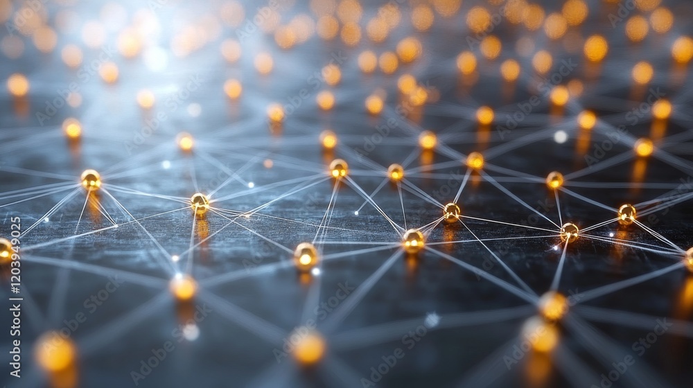 Poster interconnected network of golden spheres with glowing lines representing technology and connectivity