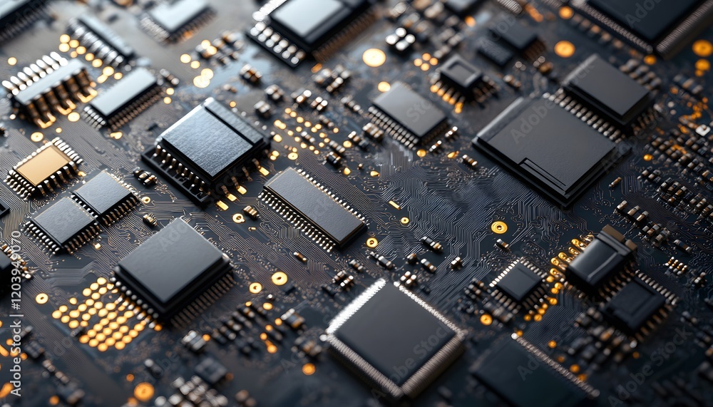 Poster close-up of a modern circuit board, showcasing intricate designs and electronic components for tech 