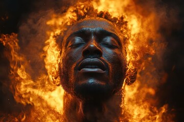 a striking image features a black man shouting with flames surrounding him conveying a powerful message of strength and resilience while an empty space invites contemplation of the theme
