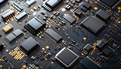 Close-up of a modern circuit board, showcasing intricate designs and electronic components for tech innovation.