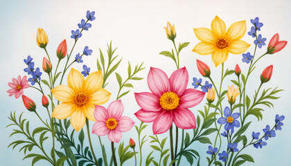 Fototapeta premium Vibrant illustration of mixed flowers on soft background, copy space