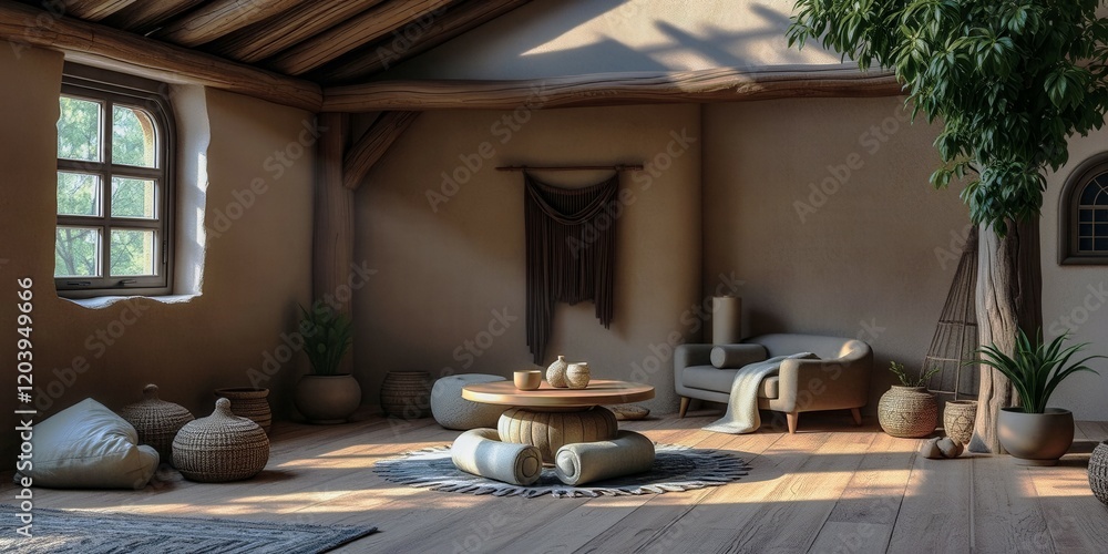 Poster a room with a wooden floor and a large tree in the corner. the room is empty except for a couch and 