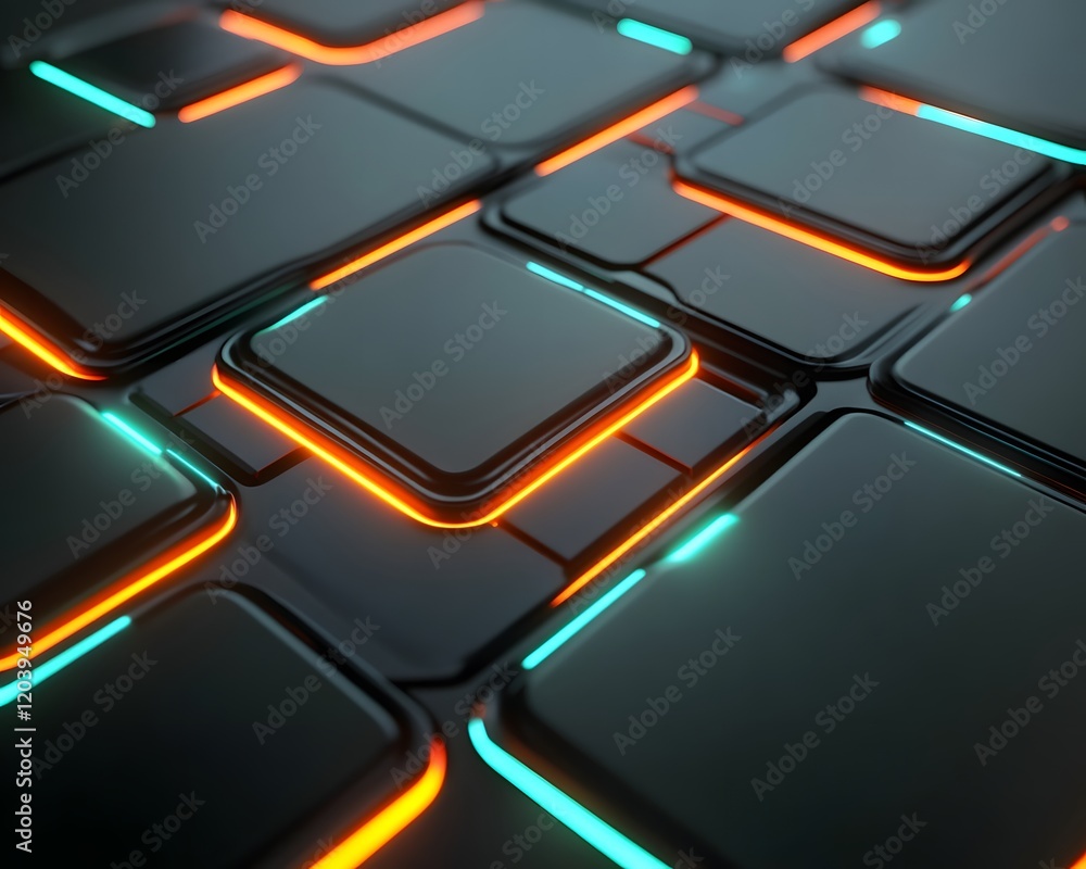 Poster futuristic abstract technology background with glowing neon lines and dark grid pattern.