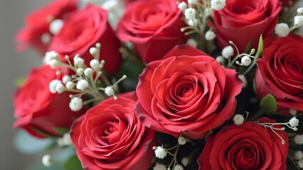 Obraz premium Bouquet of beautiful red roses on grey background, closeup. Generated by AI