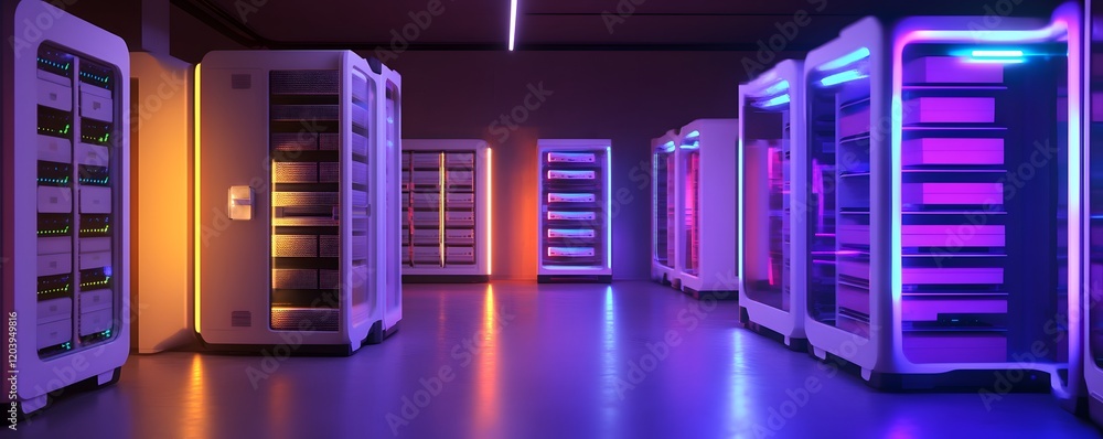 Poster futuristic data center featuring illuminated server racks and vibrant lighting, representing advance